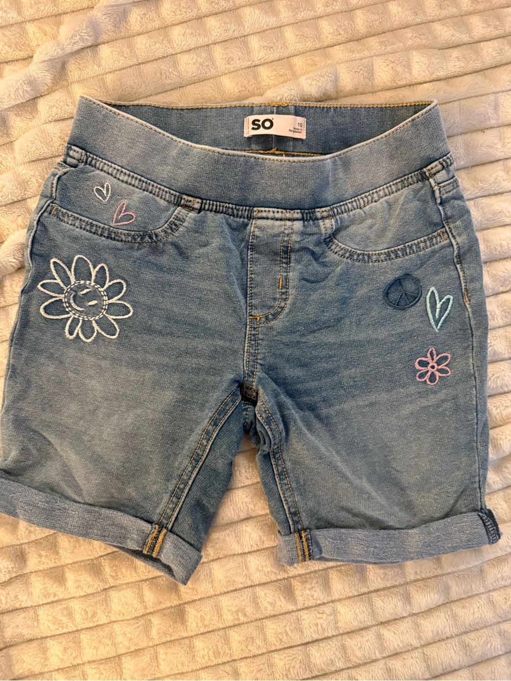 SO Light Wash Denim Girls' Embroidered Skort with Hearts & Flowers